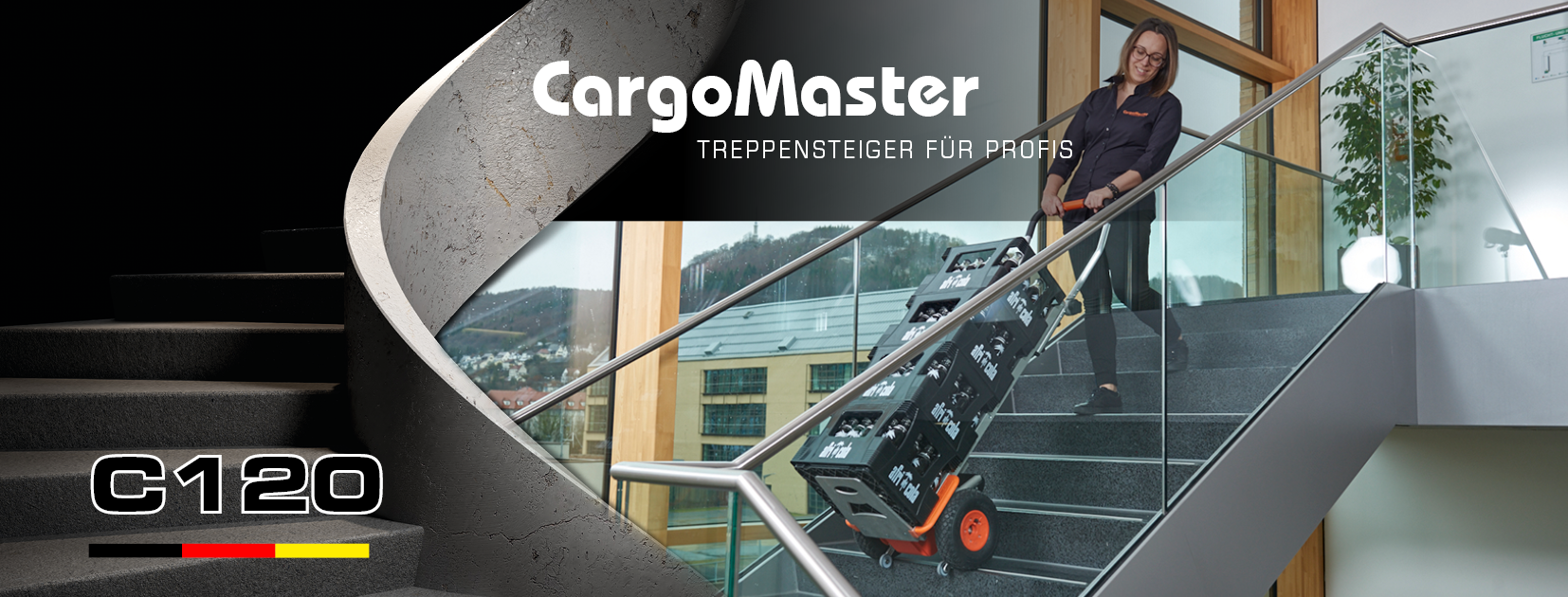 Das Bild zeigt eine Frau, die mit Hilfe eines elektrischen Lastentreppensteigers CargoMaster, 4 Getränkekisten über eine Treppe befördert. Links ist eine Treppe angedeutet sowie der Produktname C120 ist zu lesen. Im mittleren Bereich ist noch CargoMaster Treppensteiger für Pofis zu lesen.